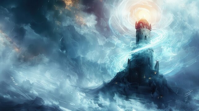 A wizards tower crowned with a swirling vortex of energy, in white background