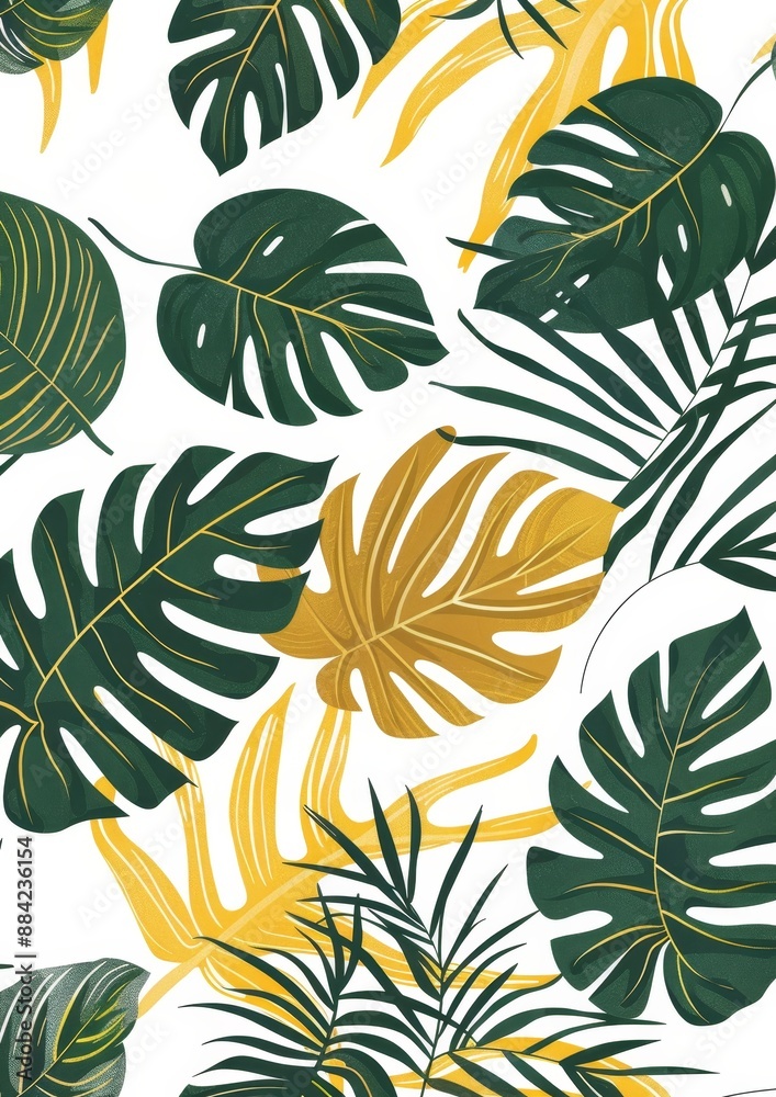 Poster This vibrant image showcases tropical leaves in multiple shades of green and yellow against a white backdrop.