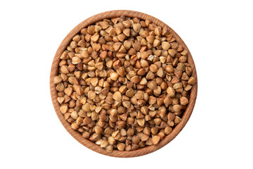 Green buckwheat grain in wooden bowl isolated on white background, top view. File contains clipping path.