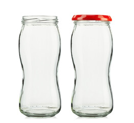 Two empty transparent jars for preservation. One with a lid, the other without a lid. Isolated on white background.