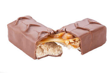 Сhocolate bar. Two halves of a chocolate bar stuffed isolated on a white background. Sliced crunchy chocolate sweet bar.