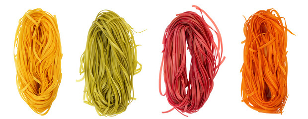 Collection homemade egg raw pasta tagliatelle. Raw nest noodles, uncooked ribbon fettuccine, dry...