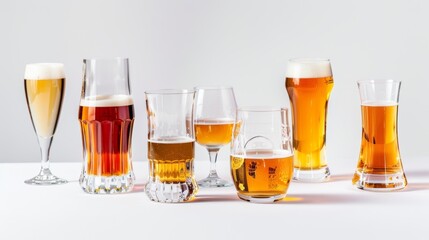 Glasses of beer on white surface, variety of ales and lagers with frothy foam, perfect for celebration. Golden hues glisten, versatile image with copy space