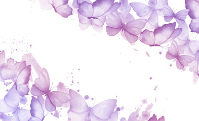 Butterflies. Watercolor rectangular frame or banner with illustration of delicate purple and pink butterflies with watercolor abstract splashes stains in corners. Handmade, isolated
