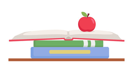 Stacked books and an apple on top. School and education supplies composition. Vector illustration isolated
