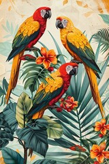 Fototapeta premium 5. Vintage-style illustration of exotic plants and tropical birds. High resolution, very detailed, Isolated on pastel background