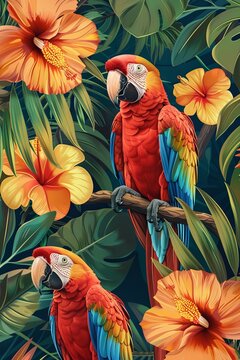 7. Tropical flowers and leaves with colorful parrots in a repeating pattern. High resolution, very detailed, Isolated on pastel background