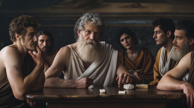 Pythagoras explaining mathematical concepts to his pupils, intellectual and innovative, bottom third copy space