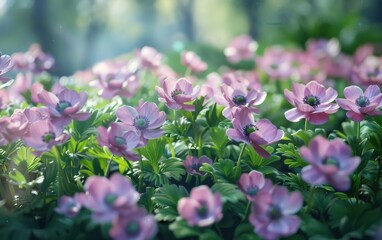Obraz premium Beautiful Spring Bloom of Pink Flowers in a Sunlit Forest Clearing