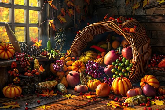 A bountiful harvest scene with a cornucopia overflowing with fruits, vegetables, and pumpkins, in a rustic autumn setting by a window.
