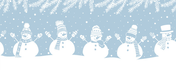Fototapeta premium Snowmen Have Fun in Winter Holidays. Seamless Border. Christmas Background. Different Snowmen in Winter Clothes Under Fir Tree Branches. Greeting Card Template. Vector illustration in Blue White