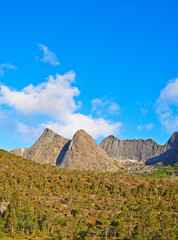Mountains, trees and clouds in sky in nature by journey for travel destination in Norway. Environment, landscape and peak for tourism vacation, holiday or trip to landmark in countryside scenery.