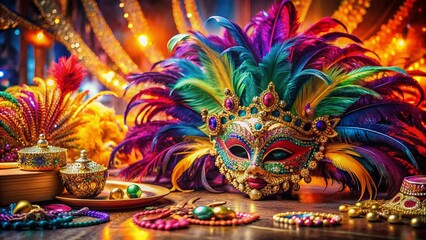 Vibrant feathers, glittering jewels, and colorful ruffles adorn a magnificent carnival costume, laid out on a decorative table, evoking the magic of a festive masquerade.