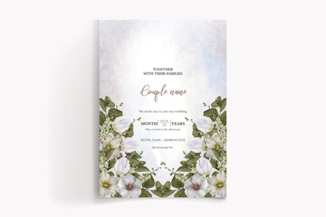 WEDDING INVITATION FRAME WITH FLOWER DECORATIONS AND FRESH LEAVES