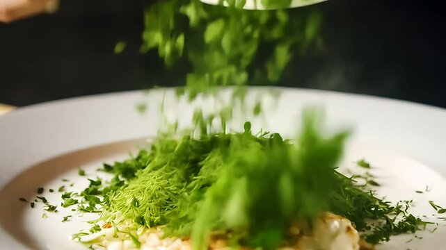 Close Up of Chef Garnishing Creamy Soup With Crispy Toppings