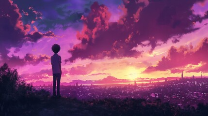 Obraz premium A man stands on a hill overlooking a city at sunset. Anime background, anime wallpaper