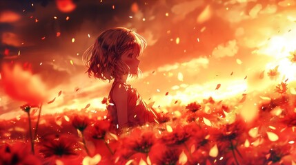 A girl is sitting in a field of red flowers. Anime background, anime wallpaper