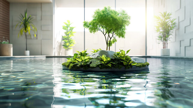 A small, floating island garden in a modern, indoor pool, symbolizing rejuvenation and healing, tranquil and innovative, bottom third copy space