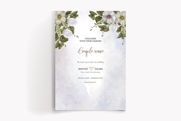 WEDDING INVITATION FRAME WITH FLOWER DECORATIONS AND FRESH LEAVES