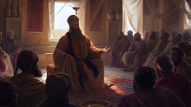 Zoroaster sharing his teachings with followers, spiritual and enlightening, left third copy space