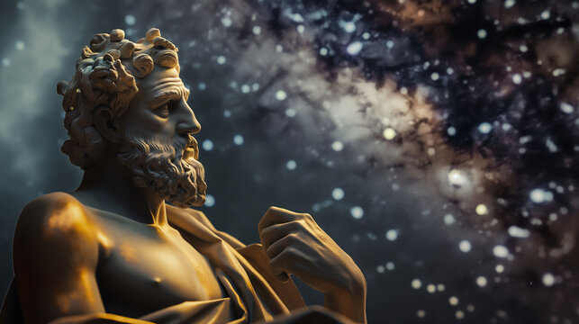 Thales teaching about the cosmos with stars overhead, philosophical and cosmic, bottom third copy space