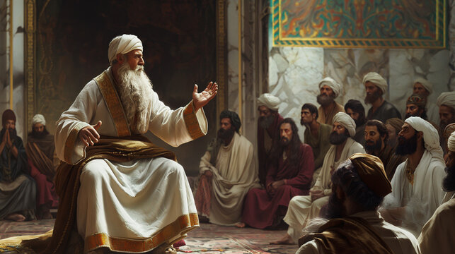 Zoroaster sharing his teachings with followers, spiritual and enlightening, left third copy space
