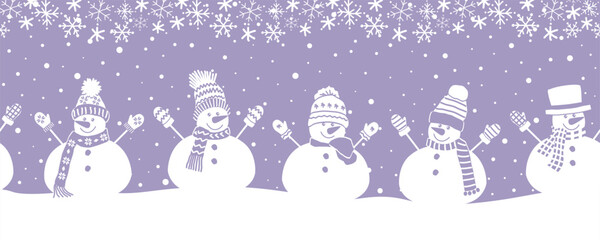 Snowmen Have Fun in Winter Holidays. Seamless Border. Christmas Background. Different Snowmen in Winter Knitted Clothes Under Snowflakes. Greeting Card Template. Vector illustration in Purple White