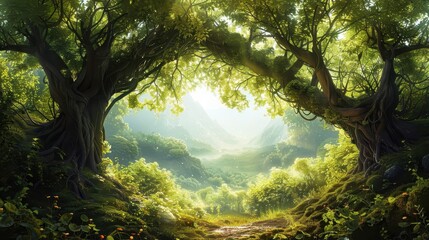 Fototapeta premium A hidden valley where time flows differently, home to creatures of myth and legend, in white background
