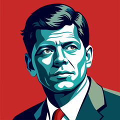 Man in suit with tie posing against red backdrop, facial features highlighted