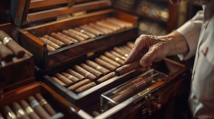 A Cuban cigar aficionado selecting the perfect cigar from a humidor, against a backdrop of warm walnut brown, embodying the art of choosing and savoring fine tobacco.