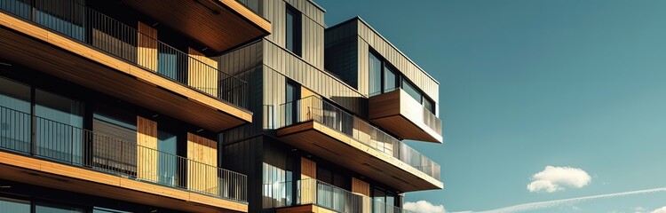 Obraz premium An architectural apartment building with a cloudy sky as a background