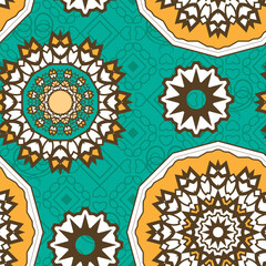 Seamless pattern with original decorative elements. The palette is dominated by brown, white, yellow and blue colors. Vector illustration