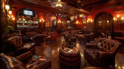 A Cuban cigar lounge with plush leather chairs and glowing sconces, against a backdrop of deep wine red, inviting relaxation and camaraderie among connoisseurs.