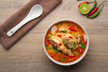 Tom yum Gai,Creamy spicy soup with Chicken,hot and sour taste,asian food.Top view
