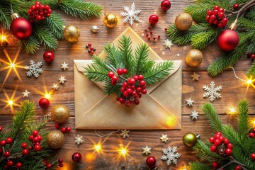 Vibrant holiday decorations adorn a glowing envelope, surrounded by festive elements like holly, snowflakes, and ornaments, evoking warmth and cheer for seasonal email campaigns.