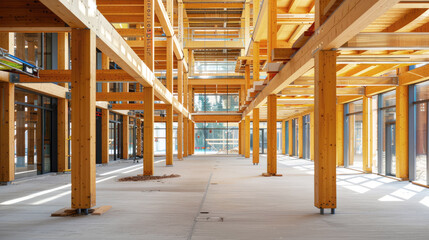 Fototapeta premium A office building with a structure of non treated wood, the construction is not finished yet, climate neutral office building.