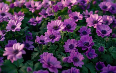Fototapeta premium Abundant Purple Blooms: Anemone Flowers Flourishing in a Sunlit Garden in Soft Focus