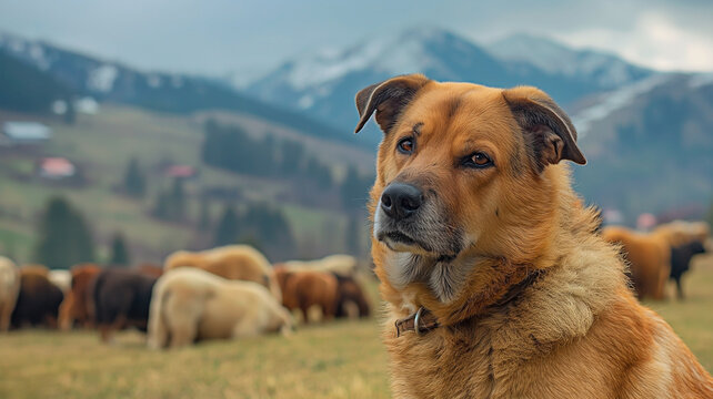 A guard dog overlooking cattle grazing livestock in the mountain.