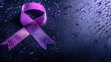 Purple Ribbon with Water Droplets on Dark Reflective Surface