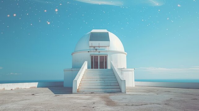 A celestial observatory where astronomers study the movements of the stars, in white background