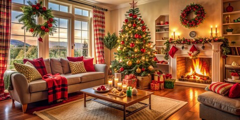 Obraz premium Cozy living room decorated for Christmas, with gifts, ornaments, and festive decorations, evoking warmth and joy of a Latino family's holiday morning celebration.