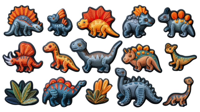 Dinosaur embroidered patch badge set isolated cut out on PNG format - Powered by Adobe