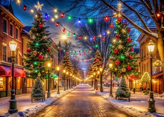 Colorful festive lights illuminate empty city street on Christmas Eve, decorated with evergreen trees and garlands, evoking joyful atmosphere of traditional holiday caroling.