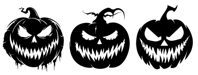 Obraz premium black and white spooky jack-o'-lantern faces with menacing expressions and sharp teeth, each with unique designs, emphasizing a creepy Halloween theme.