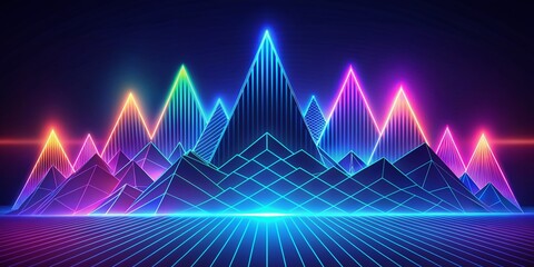 Fototapeta premium Vibrant abstract mountains with glowing neon lines and futuristic elements set against a dark blue gradient background perfect for business presentations and banners.