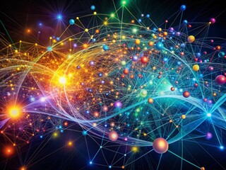 Obraz premium Vibrant, futuristic illustration of interconnected nodes, swirling lines, and colorful data points visualizing artificial intelligence's dynamic processing and analytics capabilities.