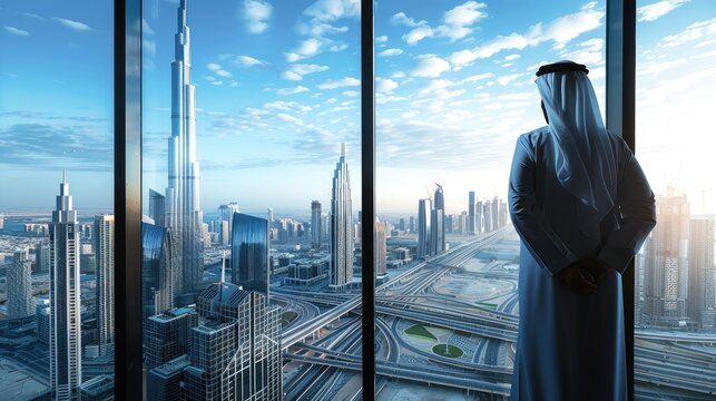Arab man sheikh businessman looks out the window of a skyscraper at a large modern