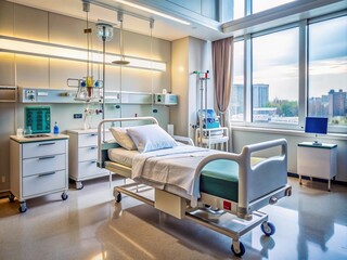 Empty hospital bed surrounded by medical equipment, machines beeping, and a tray with meds, conveying a sense of care and medical attention in a serene atmosphere.