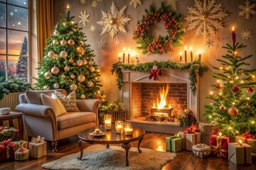 Cozy living room aglow with warm candlelight, festive holiday decor, and crackling fireplace, surrounded by lush greenery, ornaments, and snowflake-patterned accents.