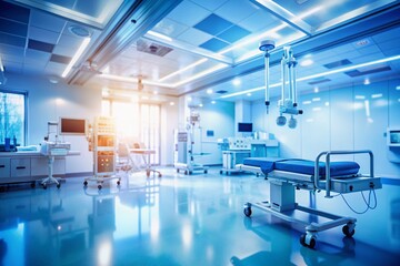 Soft focus blue hospital background with gentle gradient, subtle medical equipment silhouettes, and ample copy space for text or graphics overlays.